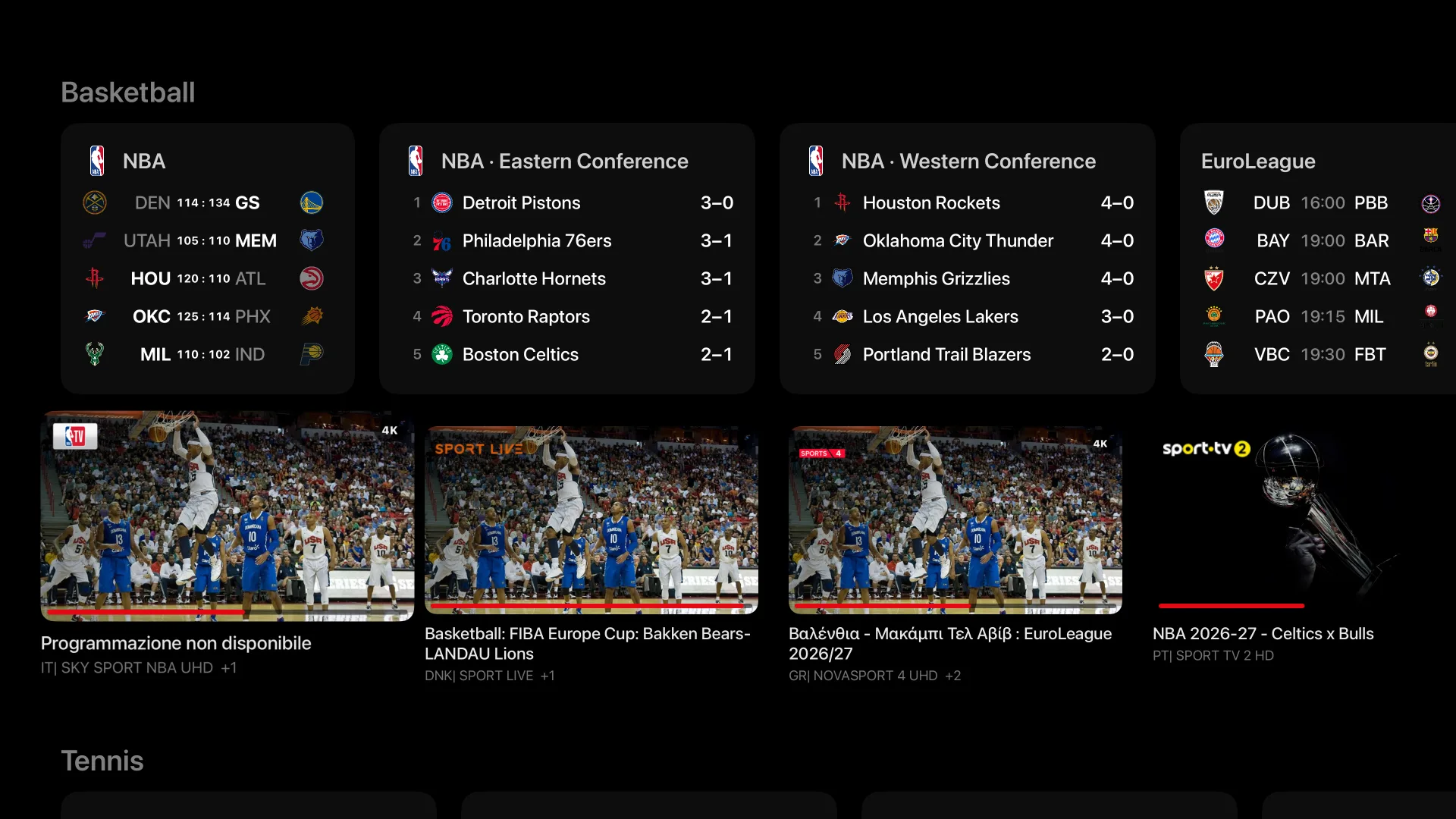 Basketball: NBA results beside the Eastern and Western Conference standings, then the EuroLeague.