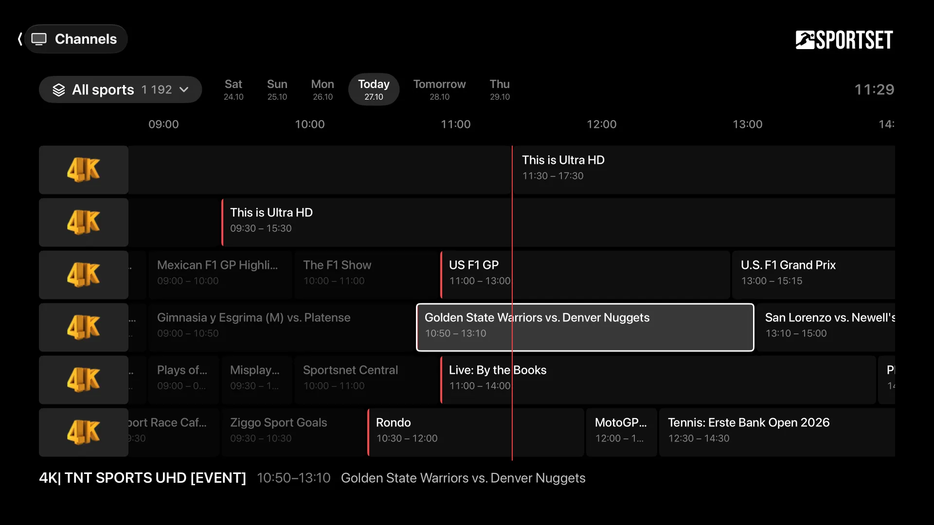 The channel guide: sport channels down the side, the day's programmes across, a day picker above.