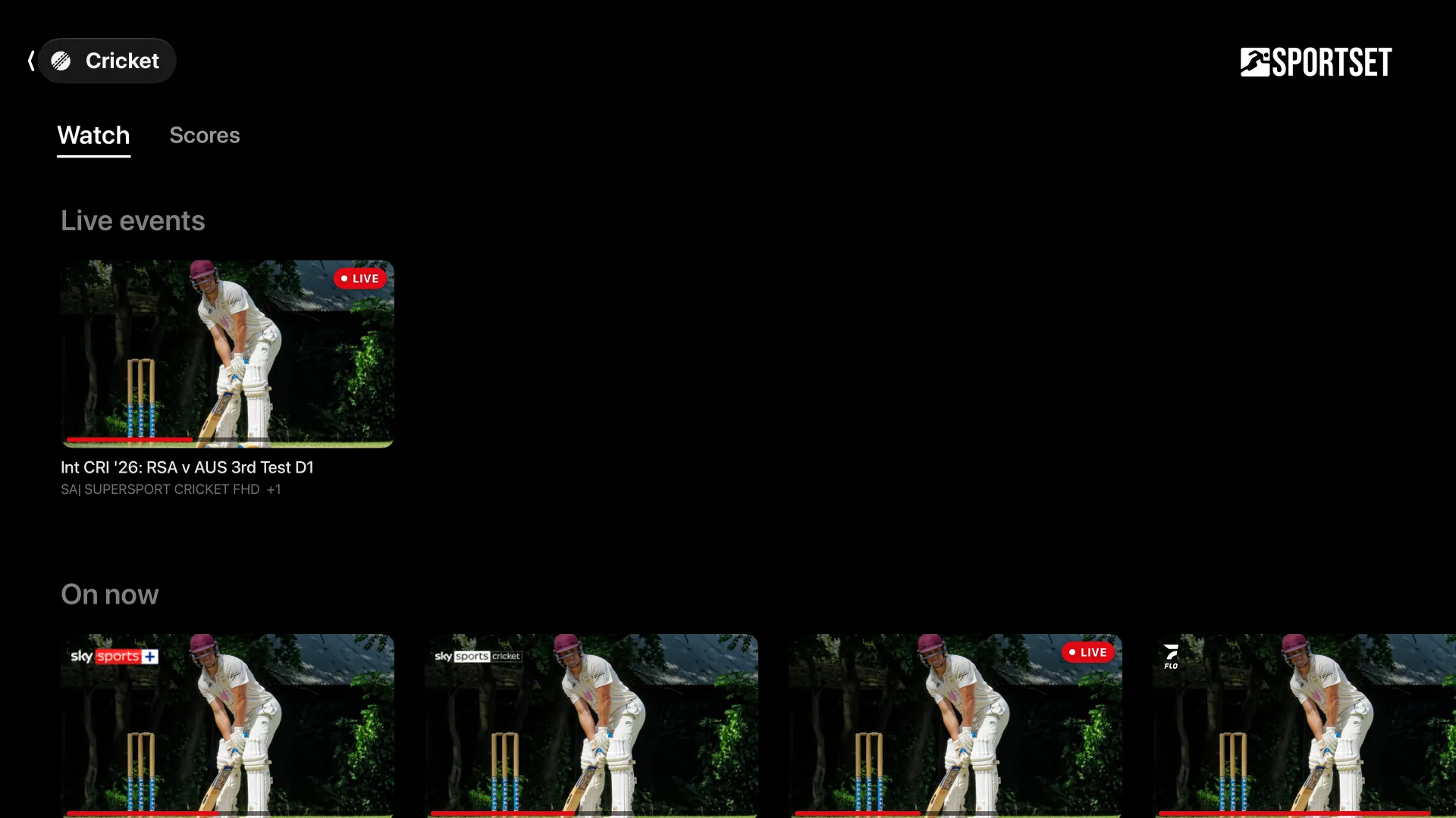 The cricket page: a live Test match, then what is on now.