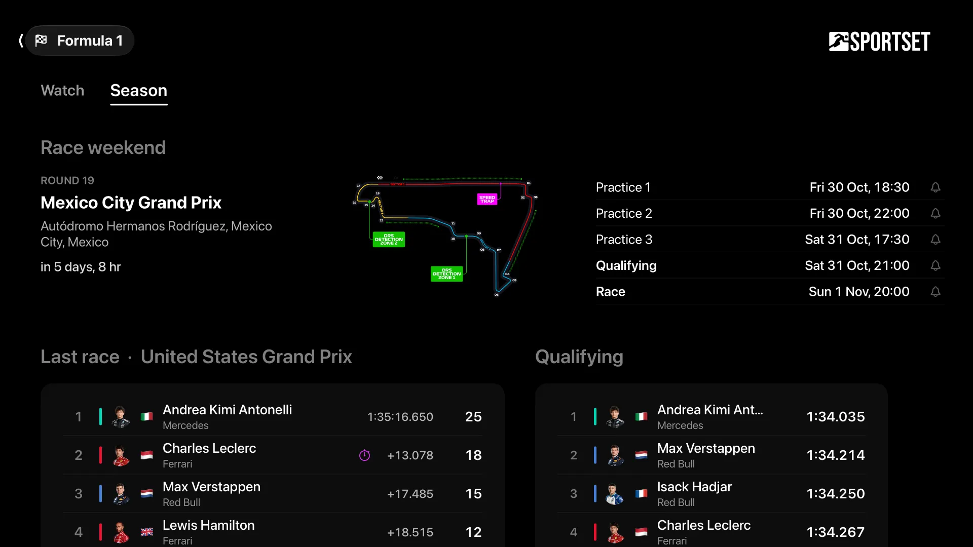 Formula 1's season tab: the Mexico City Grand Prix weekend with its circuit and sessions, the United States Grand Prix result and qualifying.