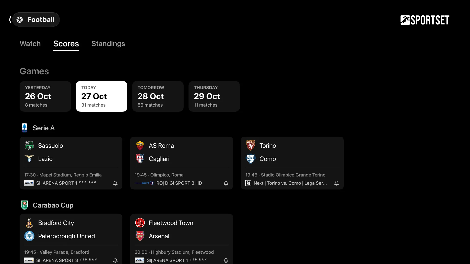 Football's scores: the games by day, then by competition.