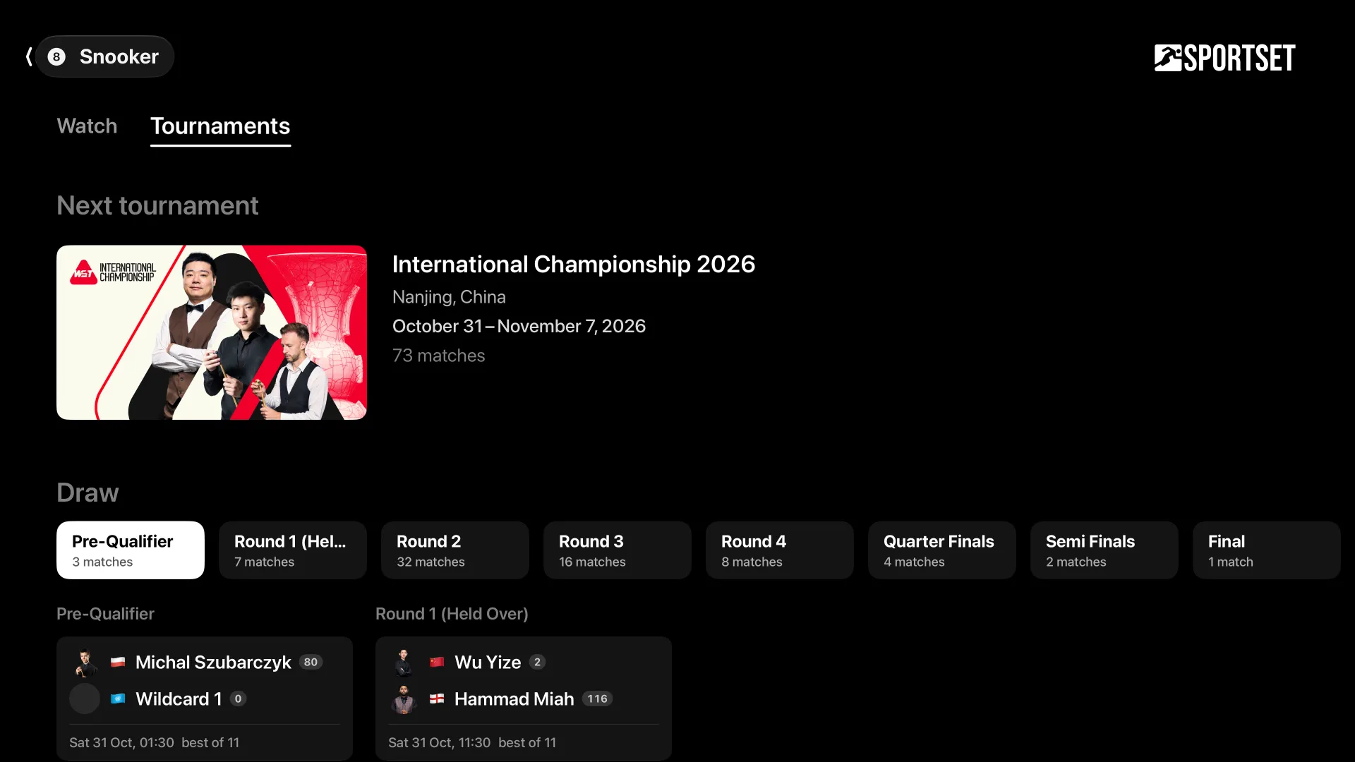 Snooker: the next tournament and its draw.