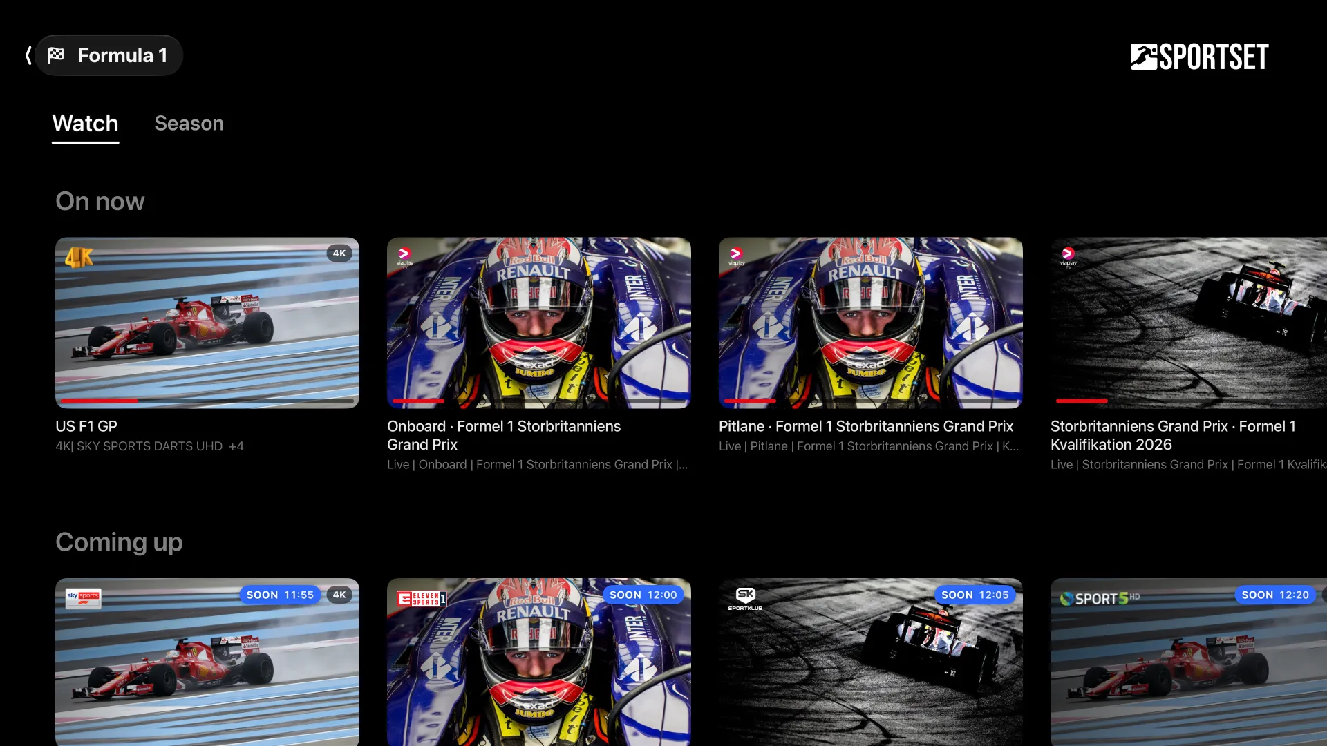 The Formula 1 page: on now and coming up.