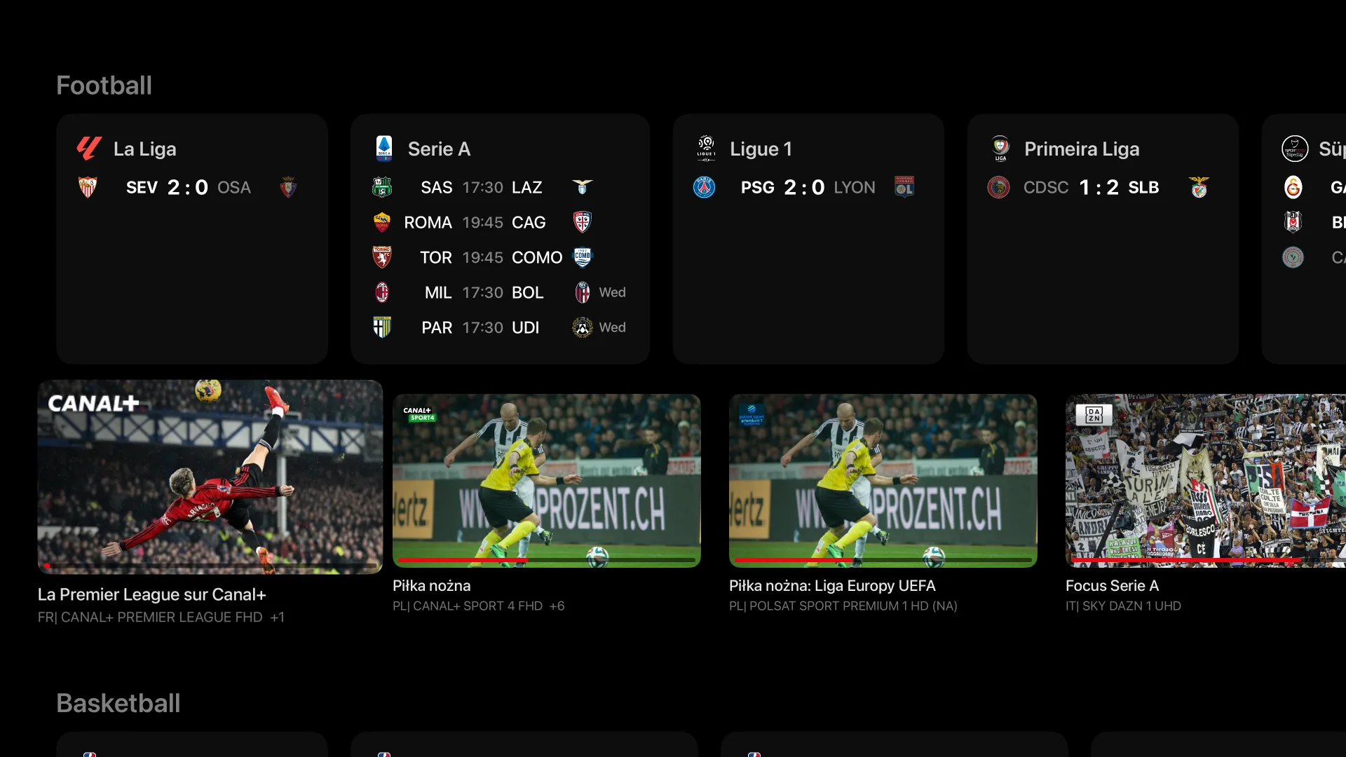 Football scores by competition above the day's football broadcasts.