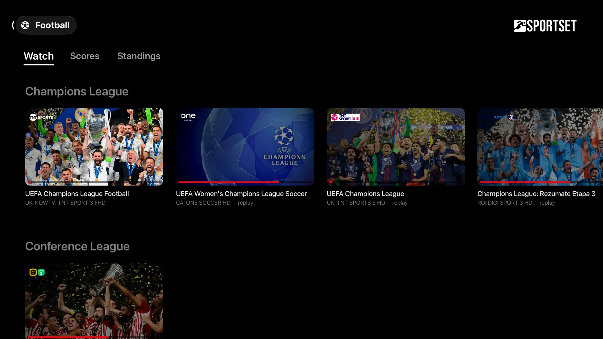 The football page: the Champions League and Conference League broadcasts.