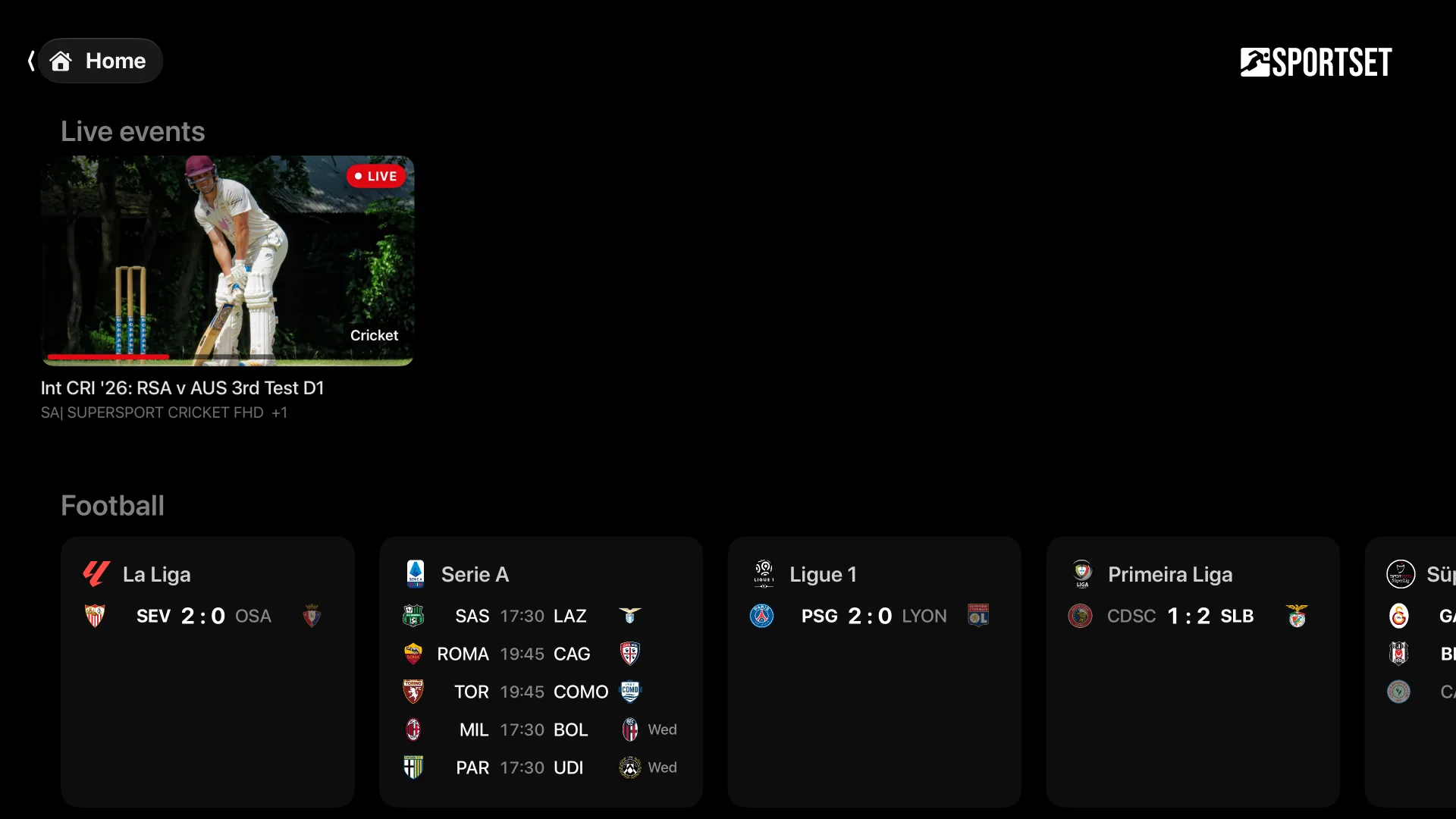 Home: a live cricket Test, then football scores from four leagues.