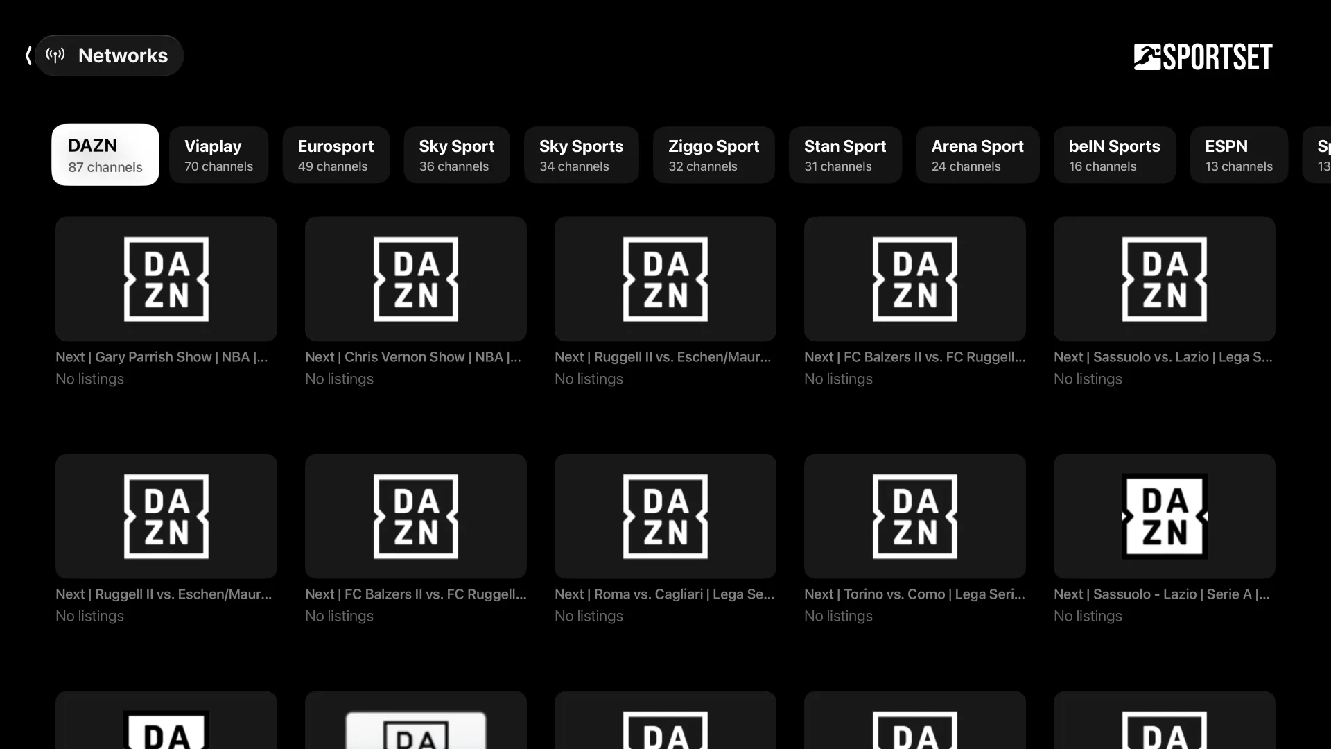 Networks: one broadcaster's channels together, each with its next programme.
