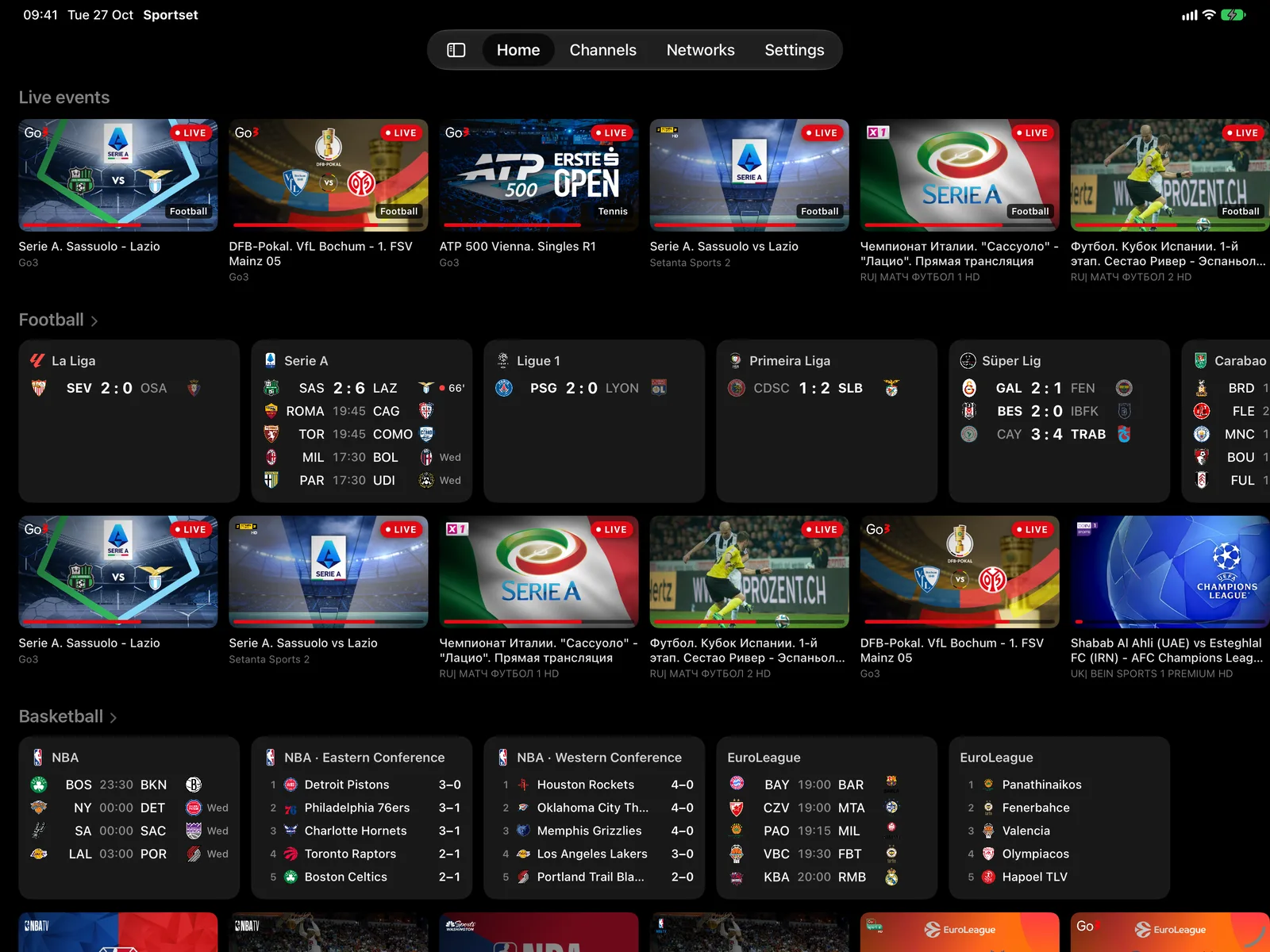 Start auf dem iPad: die Tab-Leiste oben, die Live-Events, dann die Fußball- und Basketballligen.