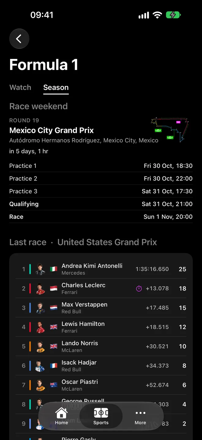 Die Formel-1-Saison auf dem iPhone: das Wochenende des Großen Preises von Mexiko und das Ergebnis des letzten Rennens.