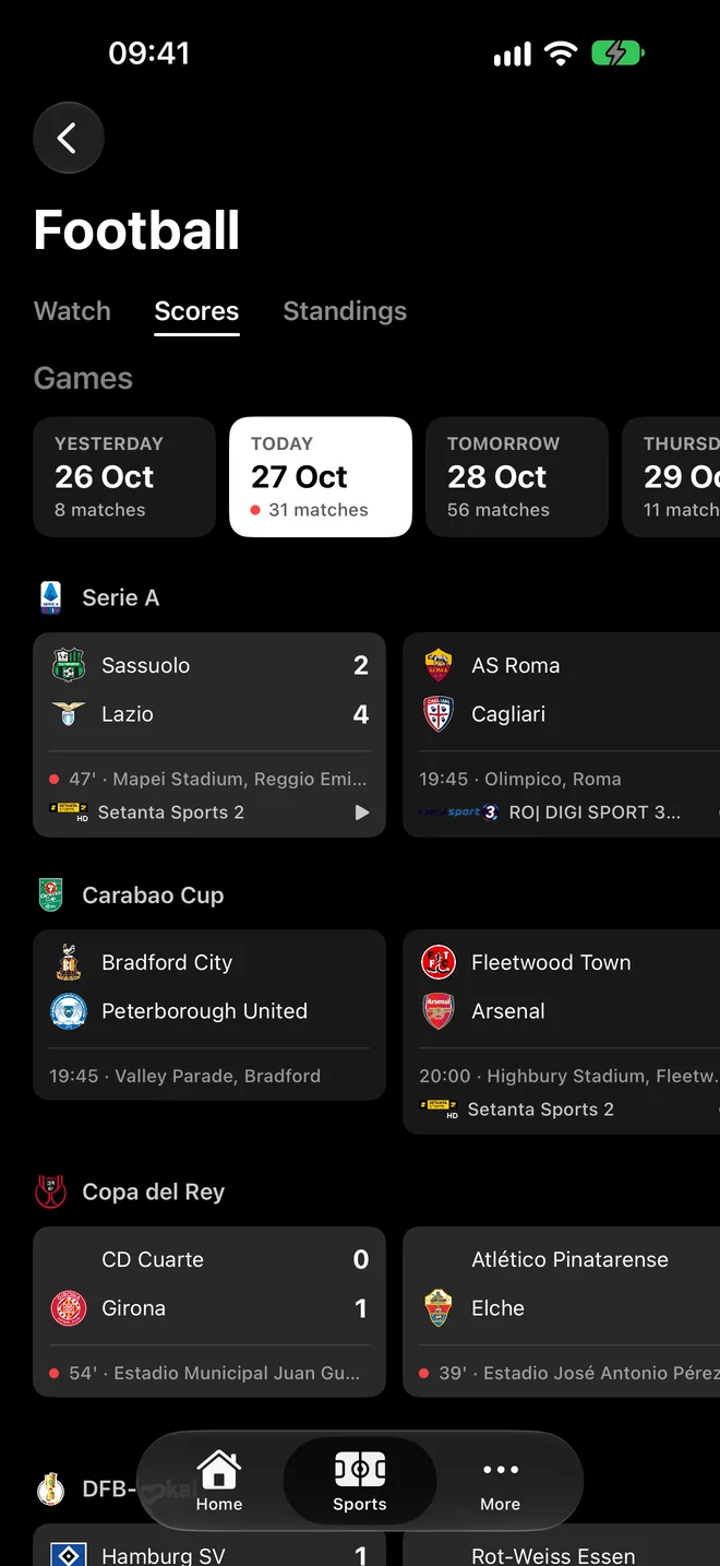 Fußballergebnisse auf dem iPhone: eine Tagesleiste, dann Serie A, Carabao Cup und Copa del Rey.