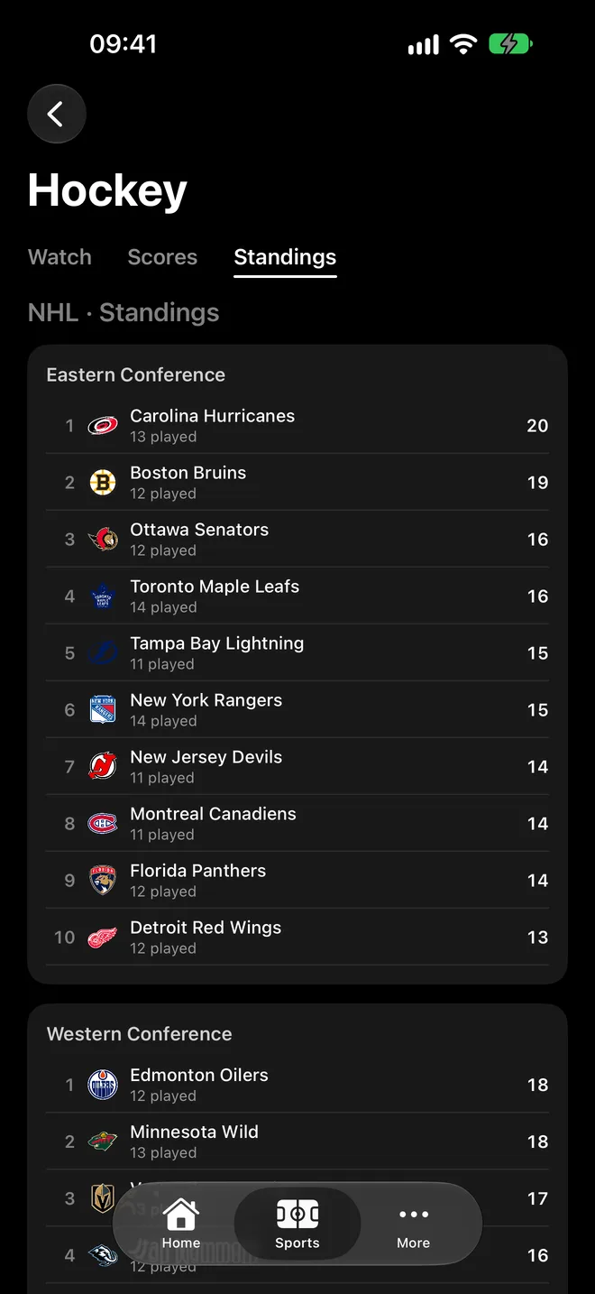 Die Conference-Tabellen der NHL auf dem iPhone.
