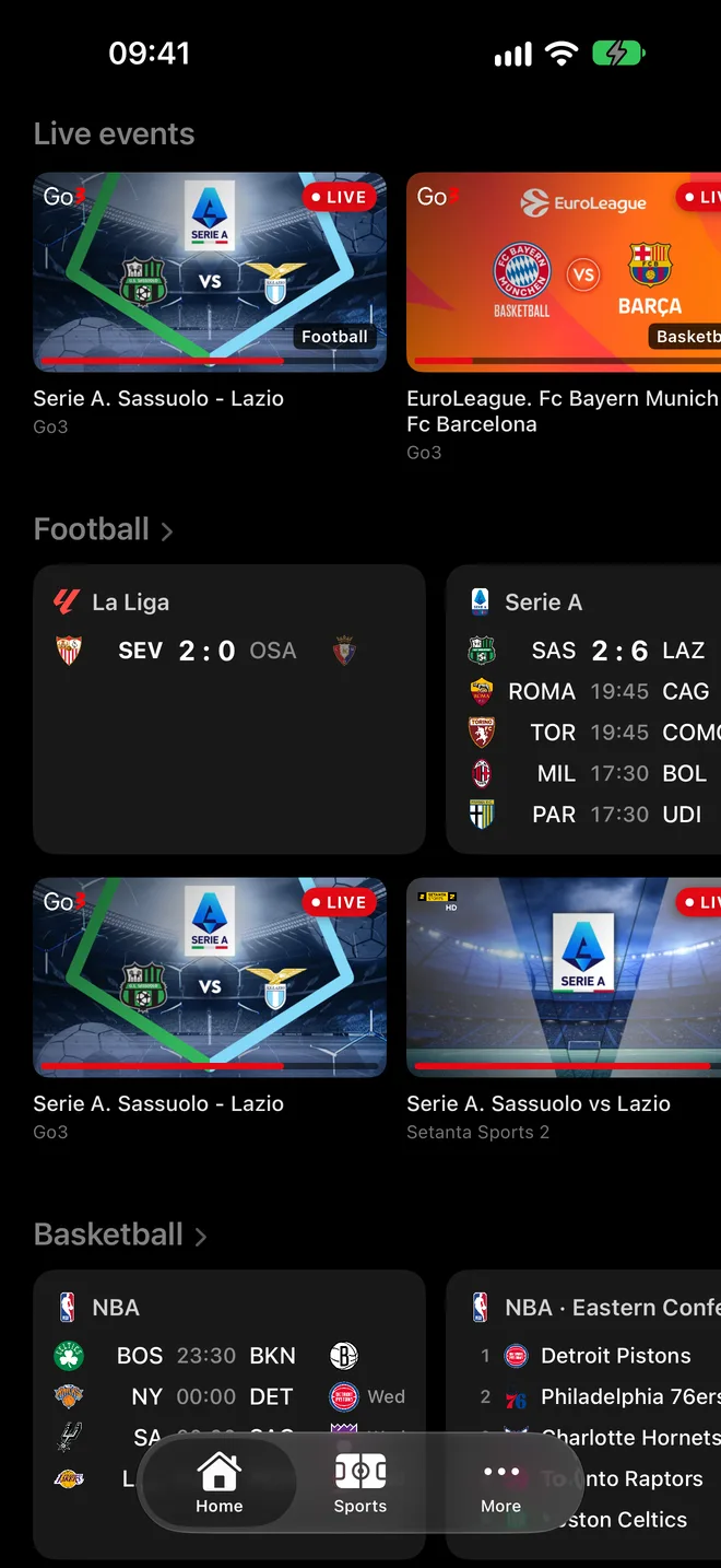 Start auf dem iPhone: die Live-Events, dann die Fußballligen und ihre Übertragungen.
