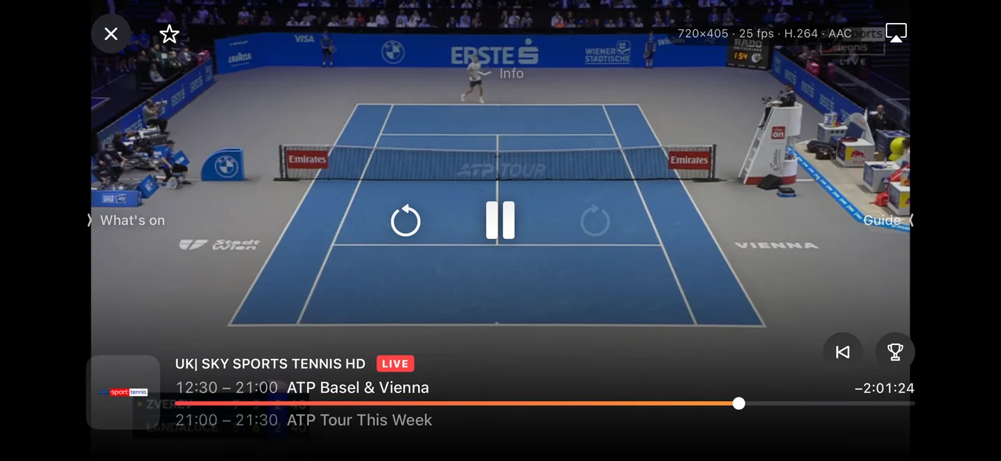 Der Player auf dem iPhone: ein Live-ATP-Match auf Sky Sports Tennis, mit Sendung, Restzeit und der nächsten Sendung.