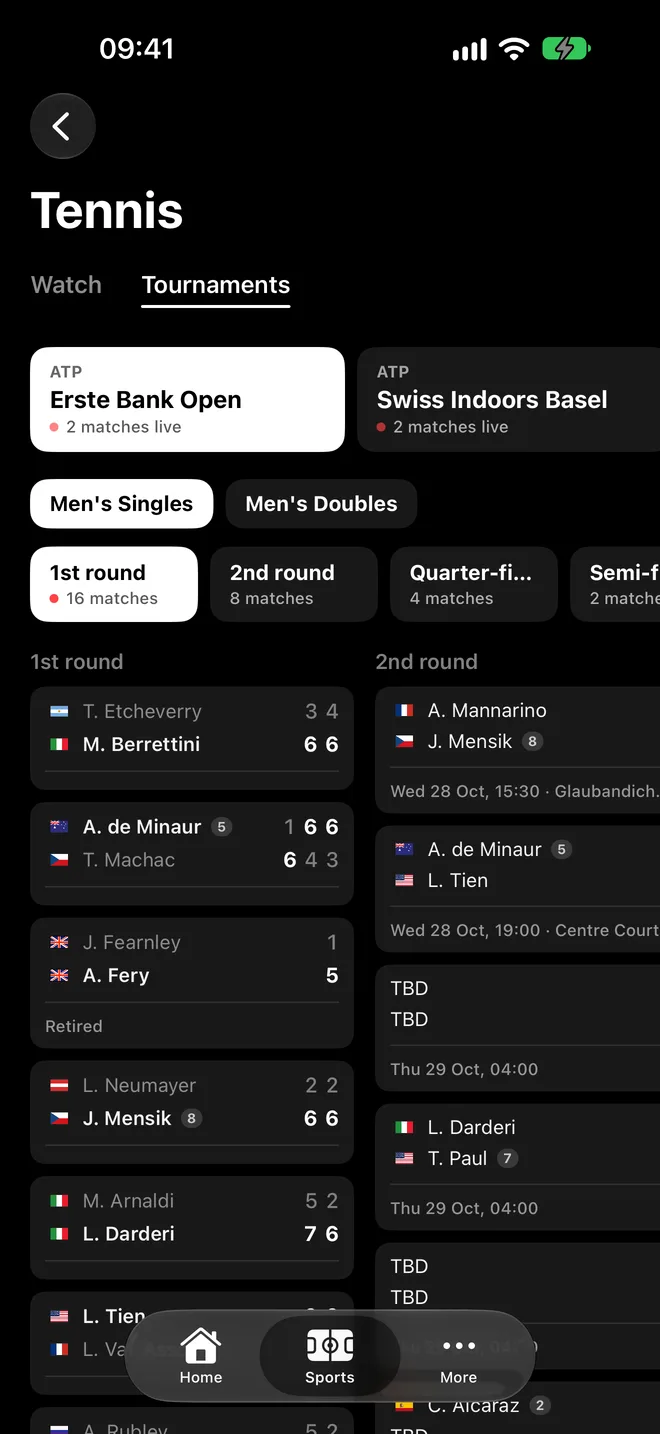 Tennisturniere auf dem iPhone: der Turnierbaum der Erste Bank Open, Runde für Runde.