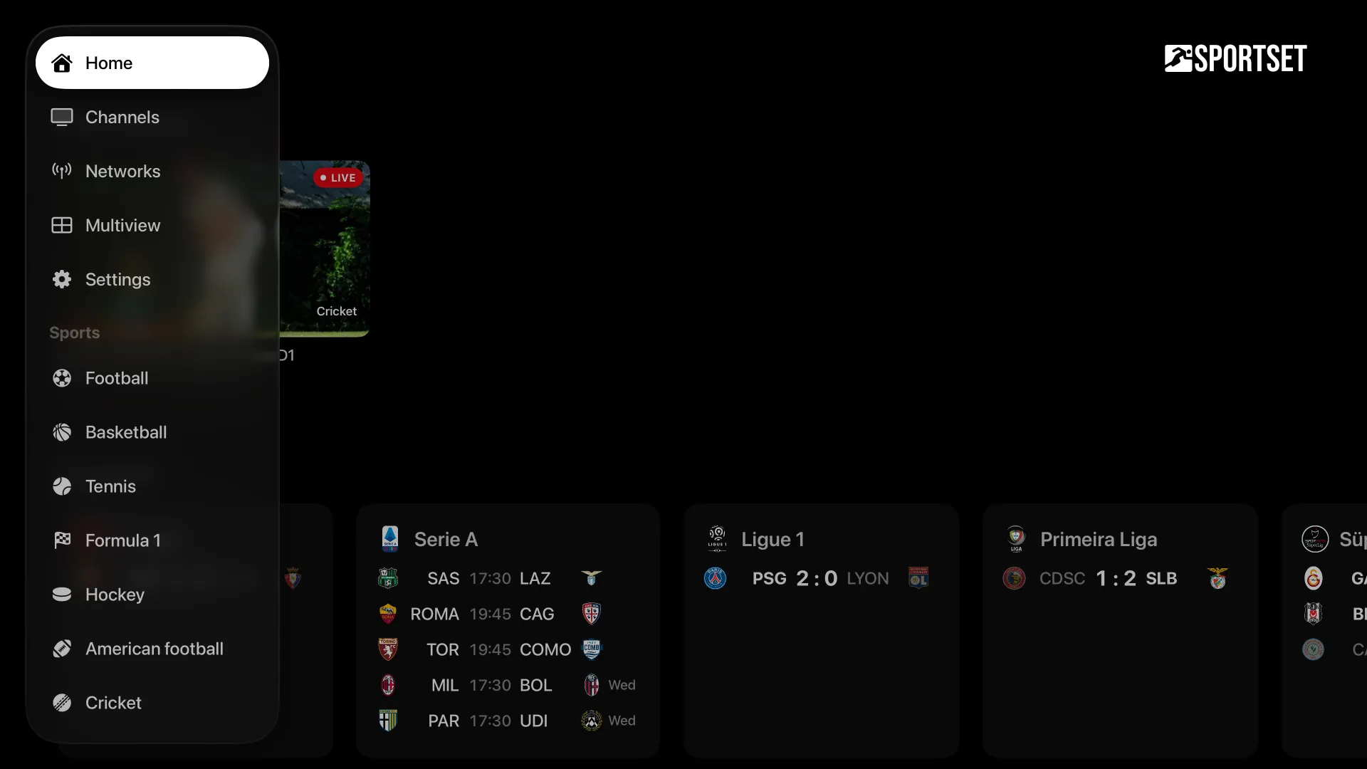 The sidebar open over Home: Home, Channels, Networks, Multiview and Settings, then each followed sport.